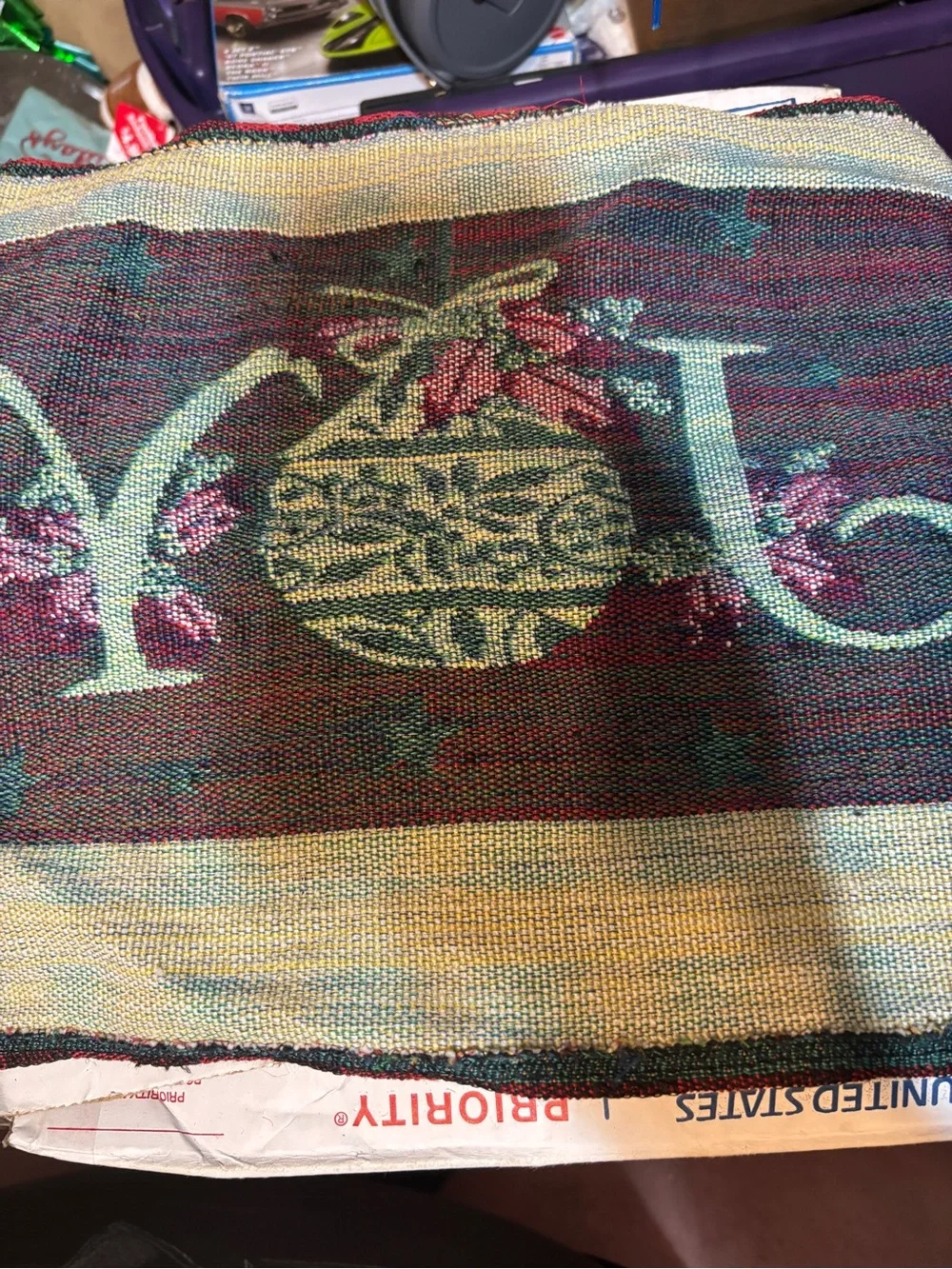 Holiday 'JOY' Decorative Kitchen tapestry placemat - Red and Gold Plaid new